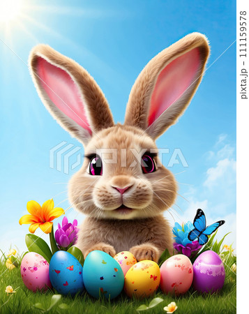 A cute Easter bunny with a basket of eggs and spring flowers is an illustration of a children character, a traditional holiday card. AI generated 111159578