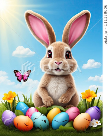 A cute Easter bunny with a basket of eggs and spring flowers is an illustration of a children character, a traditional holiday card. AI generated 111159606