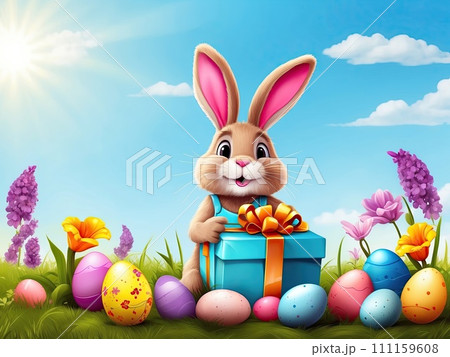 A cute Easter bunny with a basket of eggs and spring flowers is an illustration of a children character, a traditional holiday card. AI generated 111159608