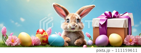 A cute Easter bunny with a basket of eggs and spring flowers is an illustration of a children character, a traditional holiday card. AI generated 111159611
