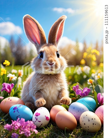 A cute Easter bunny with a basket of eggs and spring flowers is an illustration of a children character, a traditional holiday card. AI generated 111159613