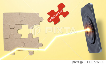 Piece of a jigsaw puzzle with growth text with graph arrow increase through a mobile phone screen 111159752