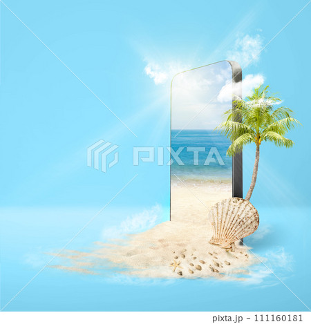 Beach with an ocean view and blue sky on the mobile phone screen 111160181