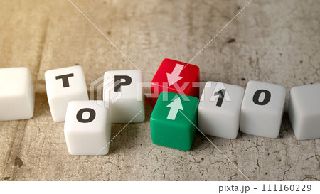 Small cubes with the text of the top 10 with up and down symbols Small cubes with the text of the top 10 with up and down symbols 111160229