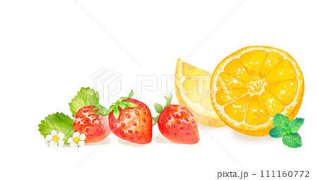 水彩で描いたいちごとオレンジのイラストのイラスト素材 [111160772