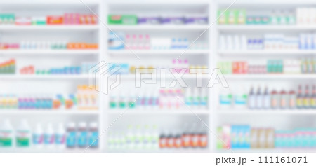 pharmacy drugstore shelves blur pharmaceutical medicine product background 111161071