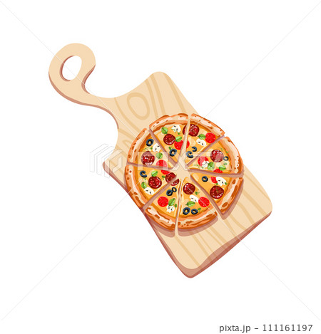 Italian pizza Peperoni on a wooden board. Pizza sliced. A piece of food. Menu for restaurant and cafe. Vector illustration Italian pizza Peperoni on a wooden board. Pizza sliced. A piece of food. Menu for restaurant and cafe. Vector illustration 111161197