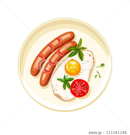 Scrambled eggs and sausages on a plate. Fried tomato slice with herbs and egg. Healthy breakfast. Healthy eating. Vector illustration Scrambled eggs and sausages on a plate. Fried tomato slice with herbs and egg. Healthy breakfast. Healthy eating. Vector illustration 111161198