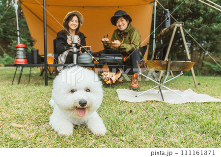 秋冬のキャンプ場で犬・ペットと一緒にキャンプをする男女のキャンパー 秋冬のキャンプ場で犬・ペットと一緒にキャンプをする男女のキャンパー 111161871
