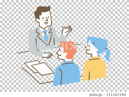 Two college students listening to an explanation from a man wearing a suit_color 111162140