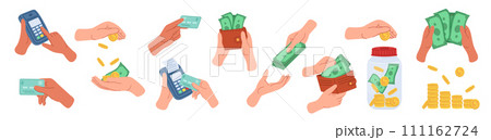 Big financial set. Arms with paper bills, coins, bank cards, payment terminal. Spending, paying, giving money. Financial concept hand drawn illustration isolated on white background. Big financial set. Arms with paper bills, coins, bank cards, payment terminal. Spending, paying, giving money. Financial concept hand drawn illustration isolated on white background. 111162724