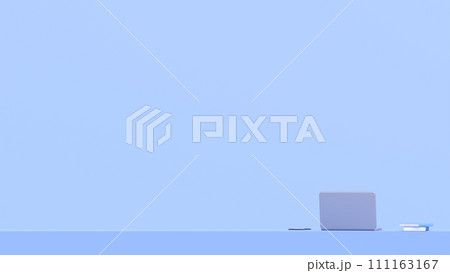 3DCG｜机の上に置かれたノートパソコンと本と電卓 111163167