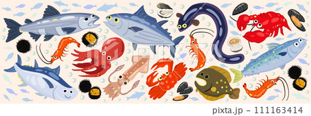 Vector cute set of marine animals. Salmon, bonito, freshwater eel, tuna, octopus, mackerel, squid, flounder, shrimps, crab, lobster. Vector cute set of marine animals. Salmon, bonito, freshwater eel, tuna, octopus, mackerel, squid, flounder, shrimps, crab, lobster. 111163414
