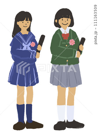 セーラー服とブレザーの学生　卒業式のイラスト 111163509