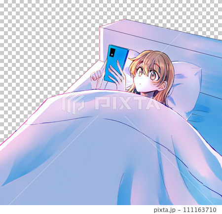 ベッドの中でスマホを見る女性　ネガティブイメージ 111163710