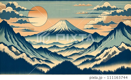 山々から浮かび上がる富士山 111163744