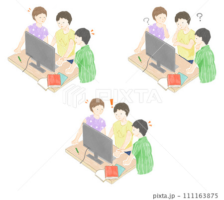 手描きイラストセット:パソコンを使って調べたり遊んだりする子供たち 111163875