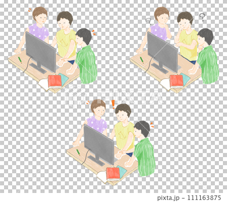 手描きイラストセット:パソコンを使って調べたり遊んだりする子供たち 111163875