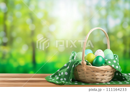 Easter eggs painted green color in wicker basket at wooden table in spring garden, AI Generative Easter eggs painted green color in wicker basket at wooden table in spring garden, AI Generative 111164233