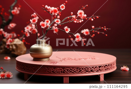red cylinder podium for products display presentation, Chinese new year, Chinese Festivals, Mid Autumn Festival, poster, greeting card. 111164295