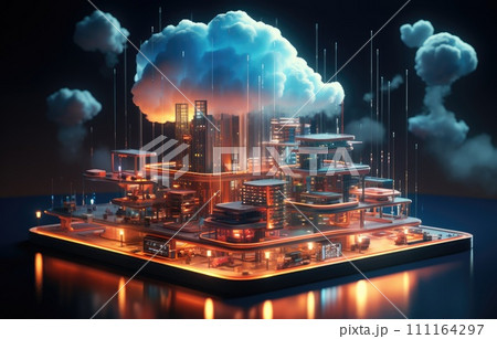 Cloud computing concept. Smart city wireless internet communication with cloud storage, cloud services. Download, upload data on server. 111164297