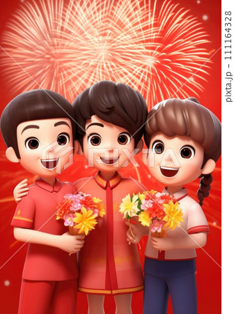 cute of character kids group friends on red chines culture suit of Chinese new year celebration concept with happy and funny 111164328