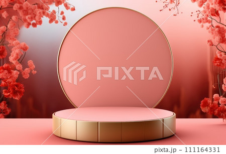 Red luxury background with product display podium element with 3d realistic chinese new year ornament 111164331