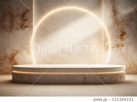 abstract modern minimal background with cobblestones on the wet floor. Trendy showcase with golden round frame and empty platform for product displaying abstract modern minimal background with cobblestones on the wet floor. Trendy showcase with golden round frame and empty platform for product displaying 111164332