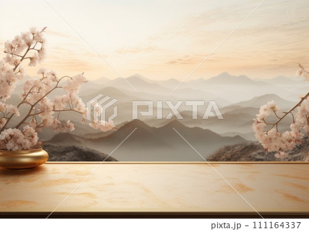 Realistic 3D render blank empty pastel pink podium with cherry blossom flower bouquet and blowing white curtain. Beauty products display, Backdrop 111164337