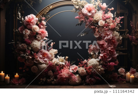 floral hoop digital backdrops. shoot set up with prop Flower and wood backdrop 111164342