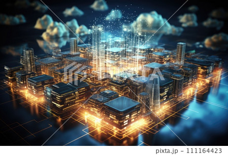 Cloud computing concept. Smart city wireless internet communication with cloud storage, cloud services. Download, upload data on server. 111164423