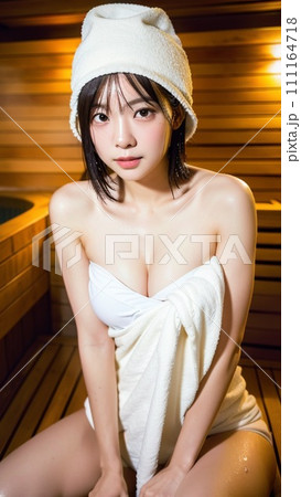 サウナハットを被りサウナに入る女性 111164718