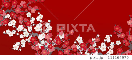和風な紅白の梅の花の背景、背景赤 和風な紅白の梅の花の背景、背景赤 111164979
