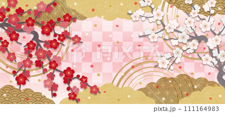 和風な紅白の梅の花の背景、背景ピンク 和風な紅白の梅の花の背景、背景ピンク 111164983