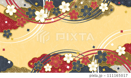 和風の桜の花の背景、濃い色、背景黄色 111165017