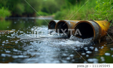 Wastewater pollution, industrial pipe, sewage, dirty water leakage into the river 111165045