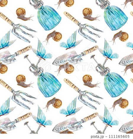Gardening pattern, watercolor. Snail, garden trowel, butterfly. Illustration isolated on white background. Wrapping paper, textiles, wallpaper. Gardening pattern, watercolor. Snail, garden trowel, butterfly. Illustration isolated on white background. Wrapping paper, textiles, wallpaper. 111165605