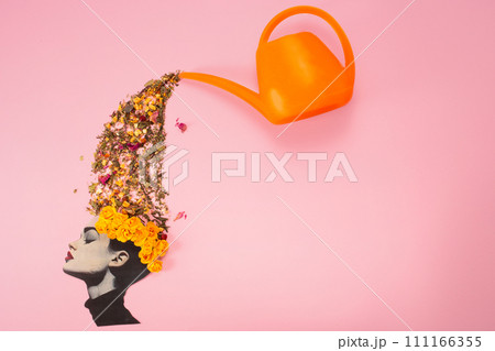 Hair is watering with herbs on pink background. Hairloss, treatment concept 111166355