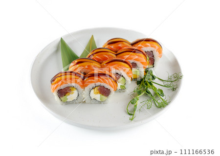 delicious rolls with salmon on a white background studio shooting 2 111166536