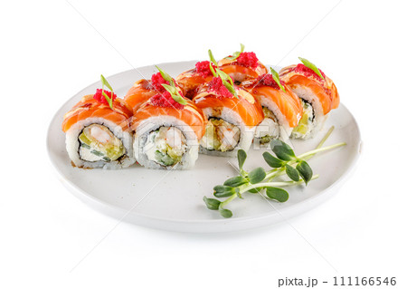 European roll with salmon and shrimp on a white background studio shooting 1 European roll with salmon and shrimp on a white background studio shooting 1 111166546