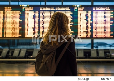 Photo of a people in The Airport In Front Of The Flight Information Display 111166707
