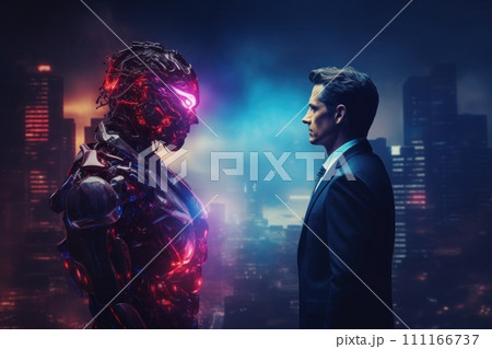 The face of a business people and a robot opposite each other look into the eyes, versus concept 111166737
