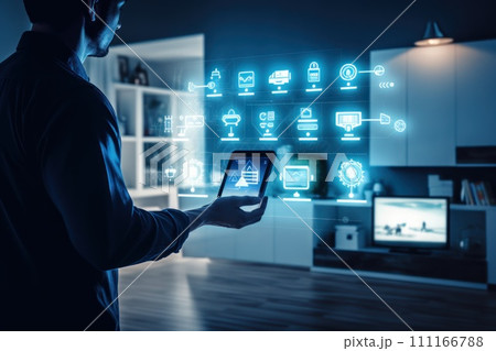 A person controlling smart home devices, Smart home management system using augmented reality A person controlling smart home devices, Smart home management system using augmented reality 111166788