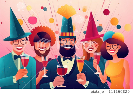 a diverse people wearing colorful party hats Celebrate new year party, illustration a diverse people wearing colorful party hats Celebrate new year party, illustration 111166829