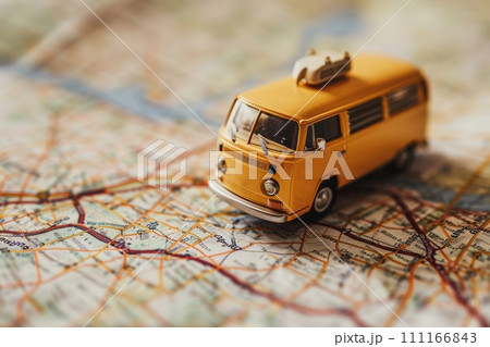 Small van car model on the map paper, concept travel, road trip, Planning the route to fun 111166843