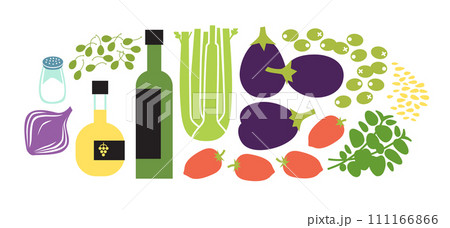 Vegetable stew, saute or caponata fresh raw ingredients set. Flat vector illustration isolated on white background. Vegetable stew, saute or caponata fresh raw ingredients set. Flat vector illustration isolated on white background. 111166866