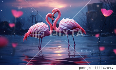 Couple of cute flamingo on fantasy aesthetic valentines scenery background 111167043