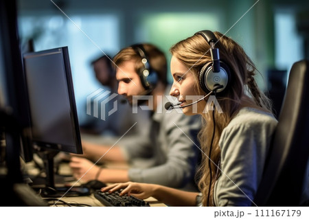 call-center operators with a small modern wireless headsets works with a desktop in an office, Generative AI 111167179