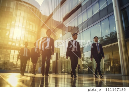 Group of business people walking outside in front of office building with blurred background Group of business people walking outside in front of office building with blurred background 111167186