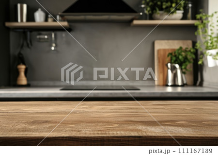 Empty counter table top for product display in modern kitchen interior Empty counter table top for product display in modern kitchen interior 111167189